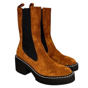 Khaite Calgary Suede-leather Block Heel Mid Calf Boots in Caramel Size 39